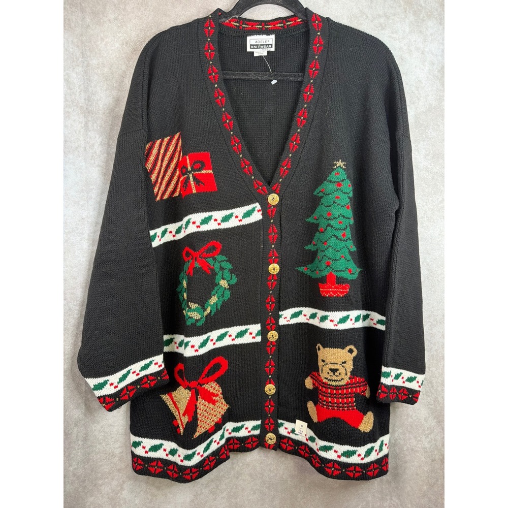 VTG NWT Adele Knitwear Cardigan Jacket Size 20 Black Christmas Holiday USA Made